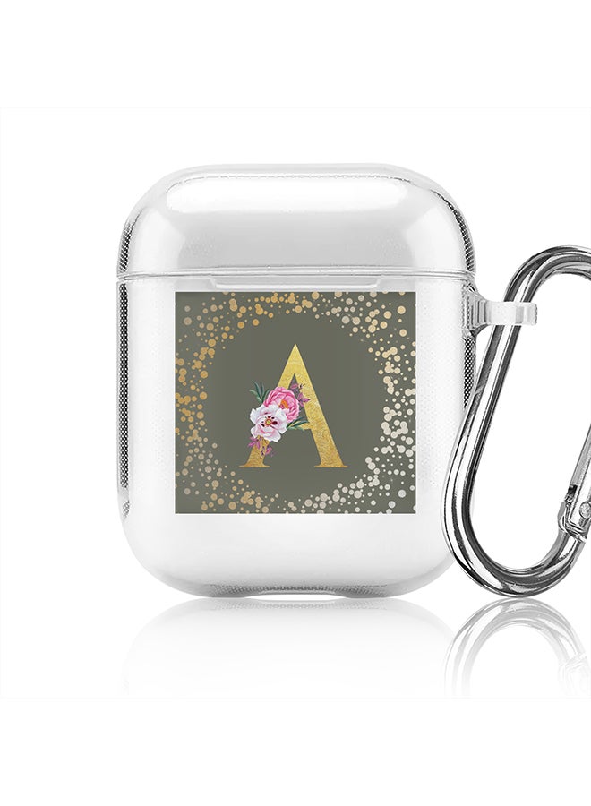 Stylizedd Classic Clear printed Case for Apple Airpods 2 / 1 Soft TPU Gel Thin Transparent Flexible Cover - Custom Monogram Initial Letter Floral Pattern Alphabet - A (Olive Green ) - Image 1