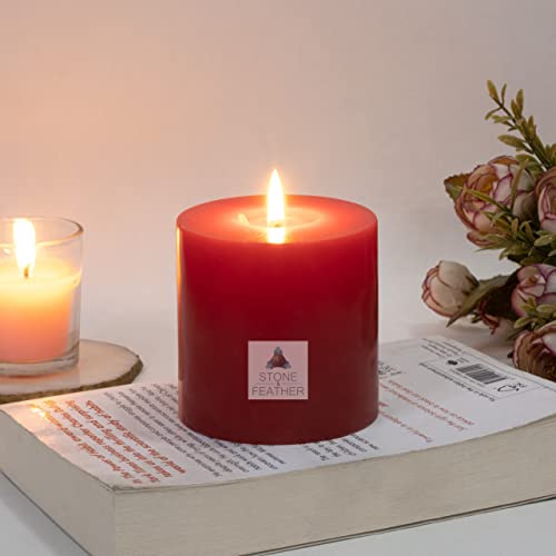 Stone & Feather (SnF), 3x3 Unscented Red Pillar Candle Big Size, Long Burning time- 50-55 Hours, Home Decoration, Christmas, Diwali, Wedding, Church ,Wax - Image 1