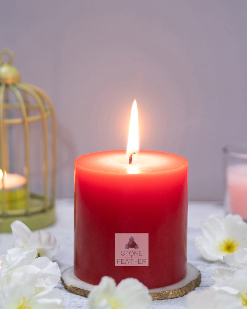 Stone & Feather (SnF), 3x3 Unscented Red Pillar Candle Big Size, Long Burning time- 50-55 Hours, Home Decoration, Christmas, Diwali, Wedding, Church ,Wax - Image 4