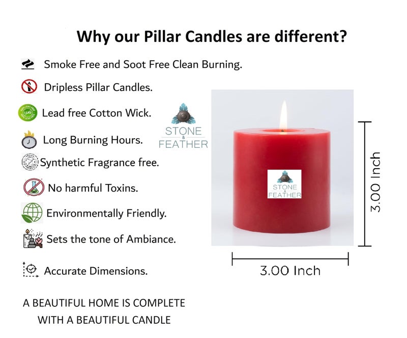 Stone & Feather (SnF), 3x3 Unscented Red Pillar Candle Big Size, Long Burning time- 50-55 Hours, Home Decoration, Christmas, Diwali, Wedding, Church ,Wax - Image 2