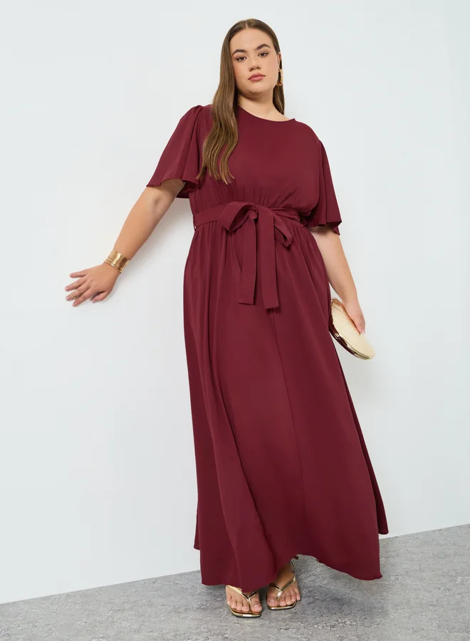 Plus Size Burgundy Waist-Tie Maxi Dress