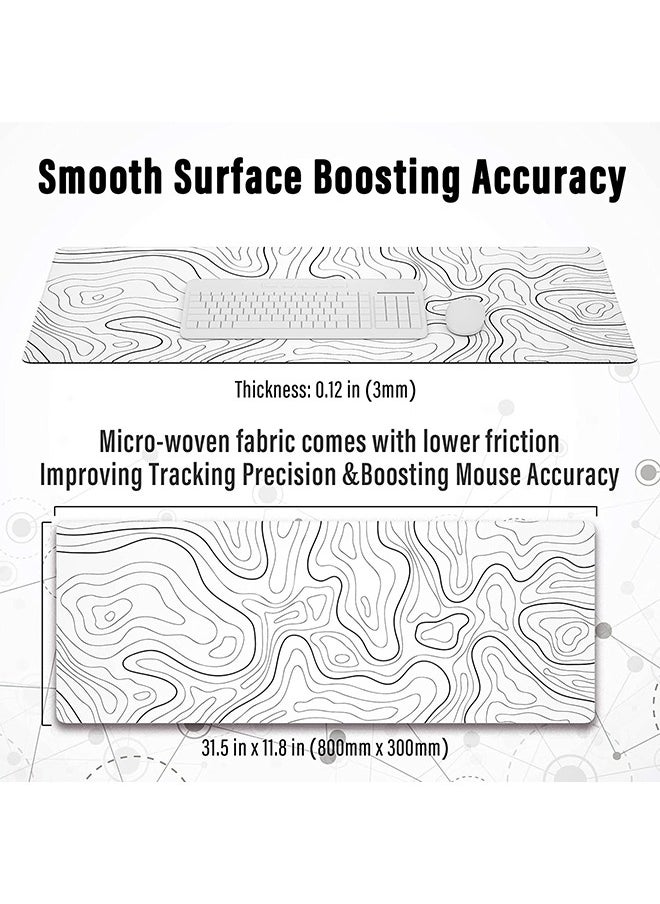 Arabest - Large Gaming Mouse Pad with Stitched Edges, Minimalist Topographic Map Desk Mat, Extended Xl Mousepad with Anti-Slip Base, Cool Desk Pad for Keyboard and Mouse, 31.5 X 11.8 In, White - Image 1