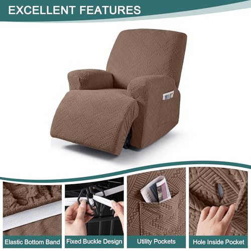 Ruaozz Recliner Sofa Covers Recliner Chair Covers Recliner Covers for Reclining Chair with Pockets Washable Furniture Protector with Elastic Bottom (1 Seater, Brown) - Image 5