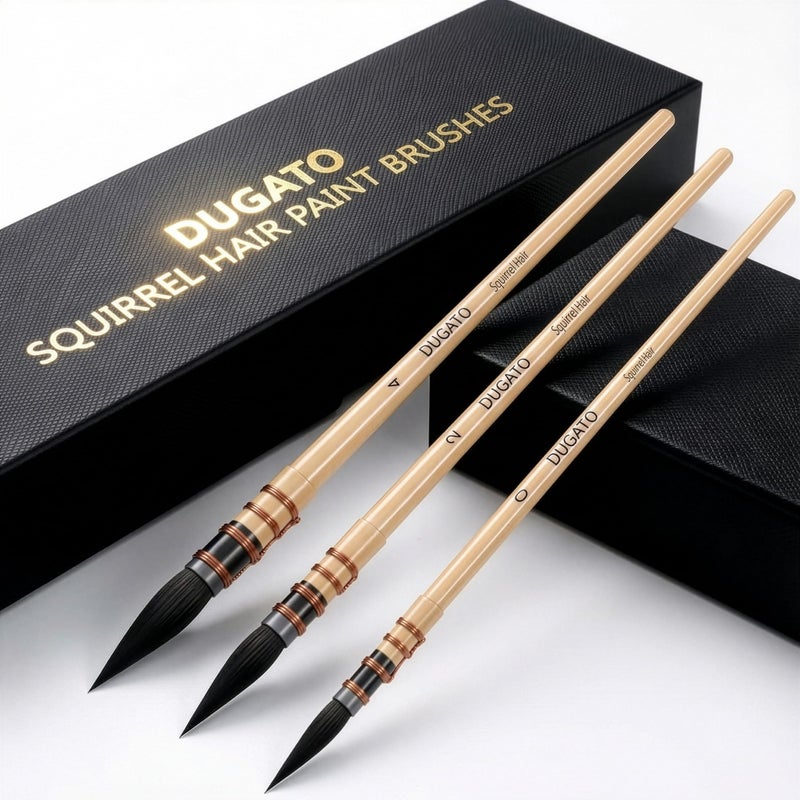 DUGATO Professional Real Squirrel Hair Watercolor Brushes Set by DUGATO â€“ Natural Mop Round Paintbrushes for Fine Detail, Gouache, Acrylic, Oil & Wash Painting (3 Brushes) - Image 1