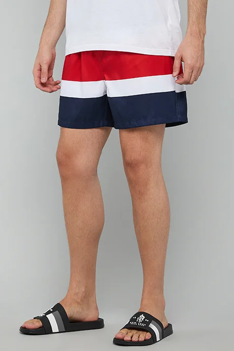 R&B Striped Swim Shorts with Drawstring Waist