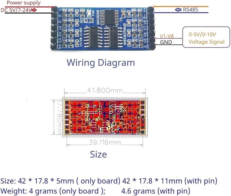 2PCS 8AI Analog Input Data Logger ADC RS485 Modbus RTU 0 5V 10V 4 20MA 0 20MA 2 54MM PinBoard DC 7 24V - Image 5