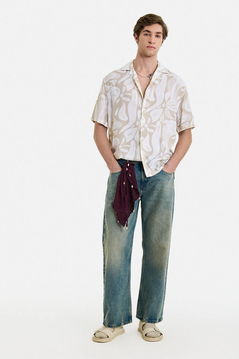 سنيتش Beige Abstract Half Sleeve Boxy Shirt