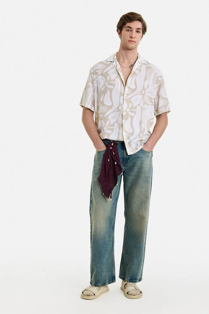 سنيتش Beige Abstract Half Sleeve Boxy Shirt