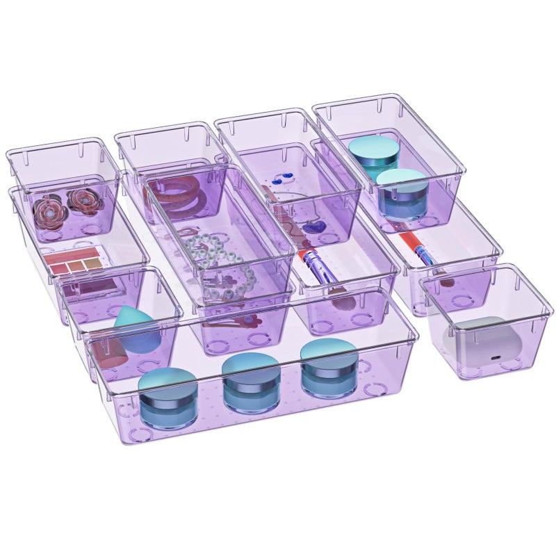WOWBOX 12 Pack Clear Drawer Organizer Set Acrylic Drawer Storage Trays Storage Bins for Makeup Cosmetics Jewelries Utensils Gadgets Office Purple - Image 2