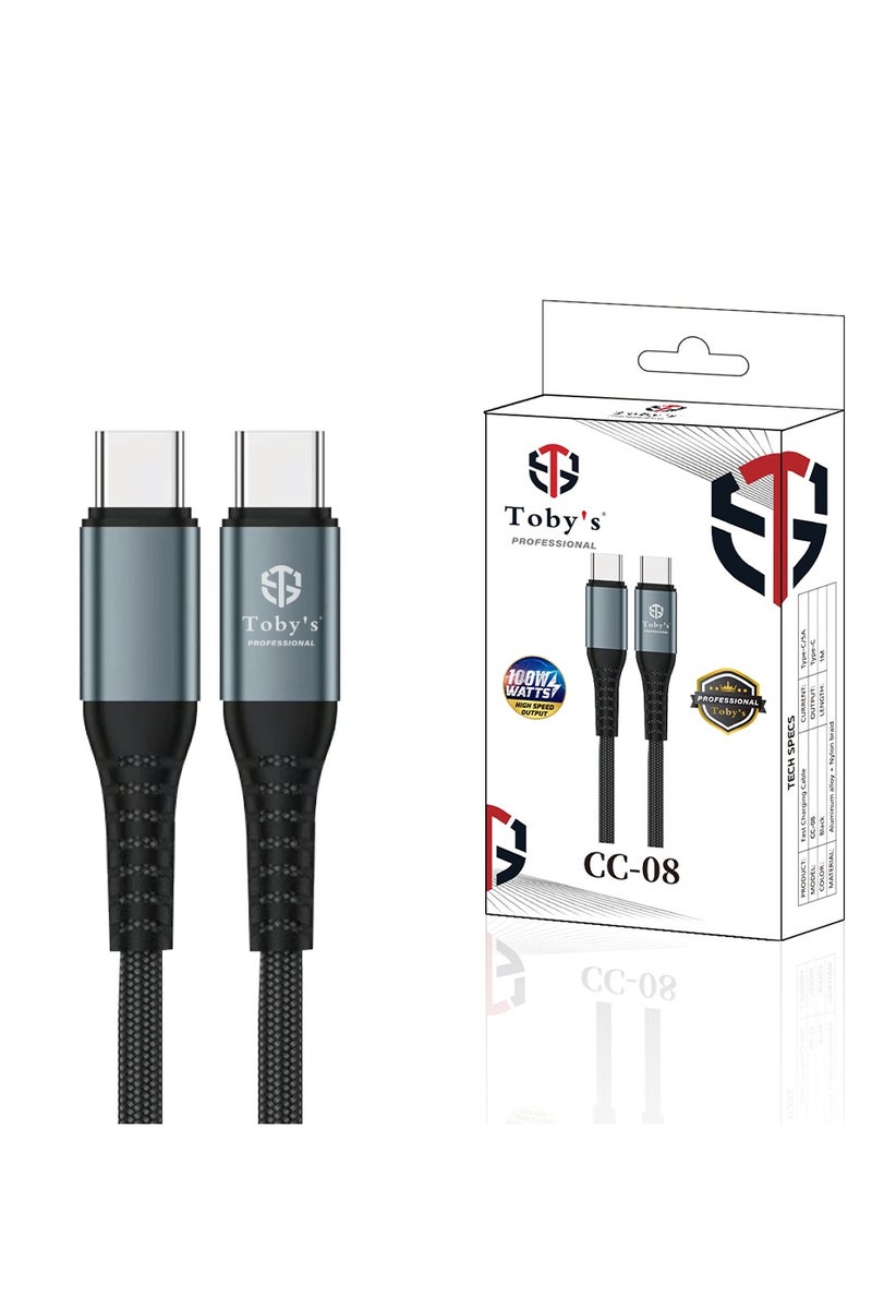 Toby's CC-08 5A Type-C to Type-C Fast Charging Cable, 1M Length, Black, Nylon Braided, Durable Aluminum Alloy, Quick Charge Compatible - Image 1