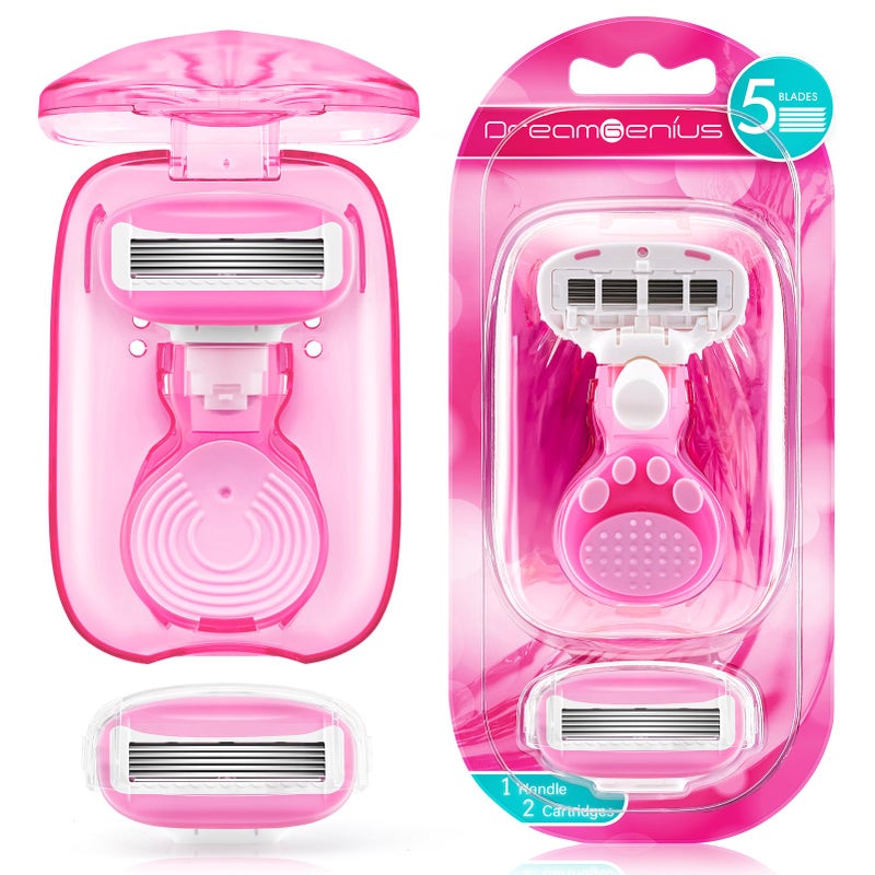 DreamGenius Travel Razors for Women Travel Size Toiletries Include 1 Handle and 2 Cartridges Extra Smooth 5Blade Travel Essentials Razor with Case for Shaving Pink