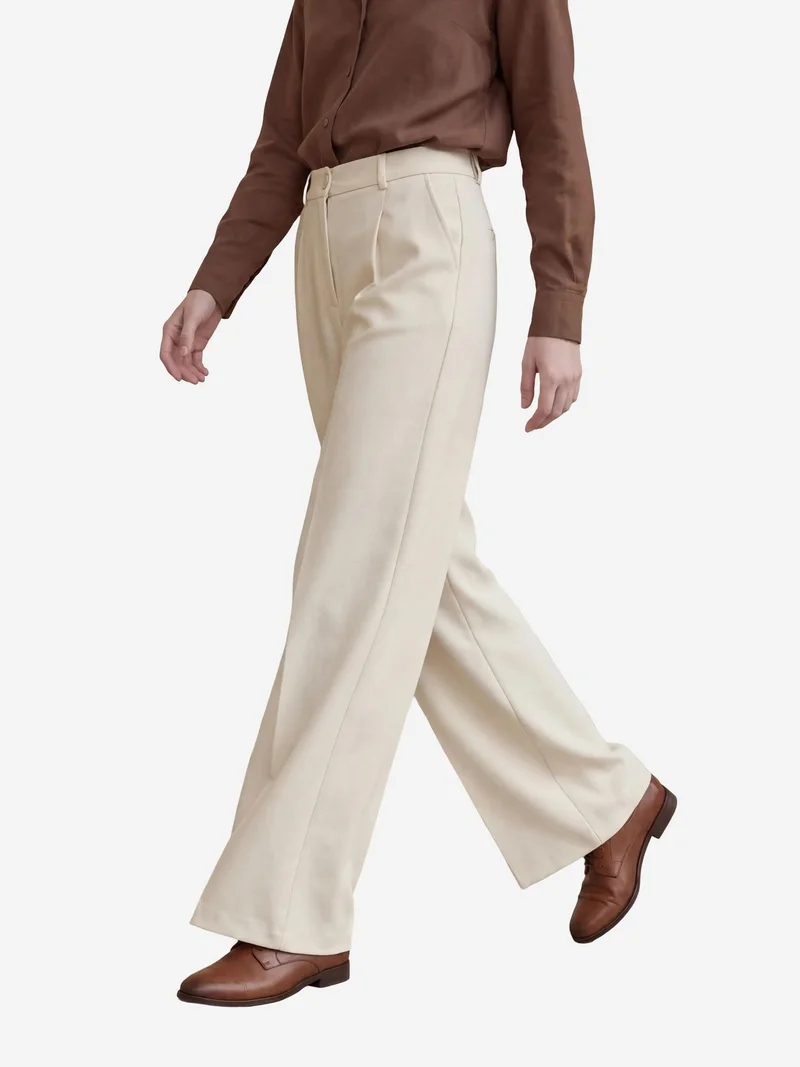 MY FASHION Cream Natural MY FASHION High Waist Pleated Straight Leg Trousers for Women | Best Price UAE