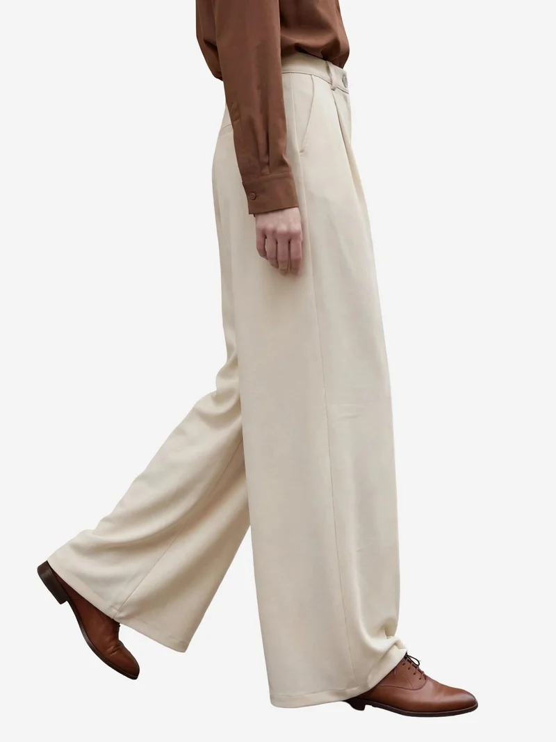 MY FASHION Cream Natural MY FASHION High Waist Pleated Straight Leg Trousers for Women | Best Price UAE