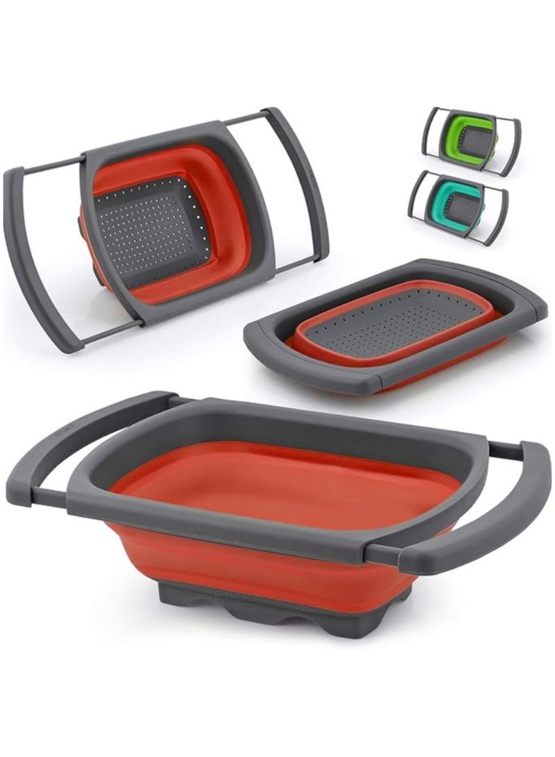 مصفاة سيليكون قابلة للطي مع يد للحوض، صفاية للخضروات والمعكرونة واللحوم والفواكه، تصميم عملي ومتين قابل للامتداد، سهلة الاستخدام وامنة علي البيئة - مصفى طعام بلاستيكية  للمطبخ، قابلة للطي، للخضروات والفواكه - مصفاه ومجفف - سلة مصفاة طعام بمقابض قابلة للتوسيع فوق الحوض للمطبخ والفواكه والخضروات لتصفية الطعام ورف تجفيف الاواني ( اللوان متنوعة ) - Image 1