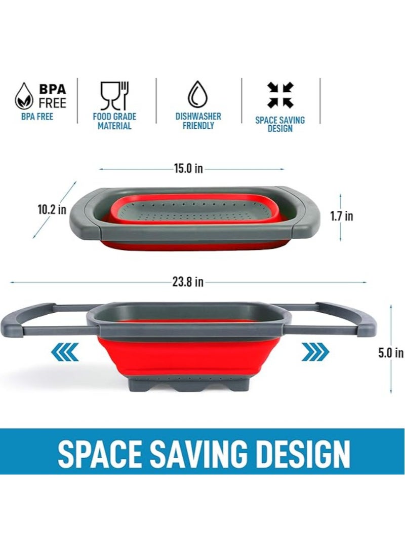 مصفاة سيليكون قابلة للطي مع يد للحوض، صفاية للخضروات والمعكرونة واللحوم والفواكه، تصميم عملي ومتين قابل للامتداد، سهلة الاستخدام وامنة علي البيئة - مصفى طعام بلاستيكية  للمطبخ، قابلة للطي، للخضروات والفواكه - مصفاه ومجفف - سلة مصفاة طعام بمقابض قابلة للتوسيع فوق الحوض للمطبخ والفواكه والخضروات لتصفية الطعام ورف تجفيف الاواني ( اللوان متنوعة ) - Image 2