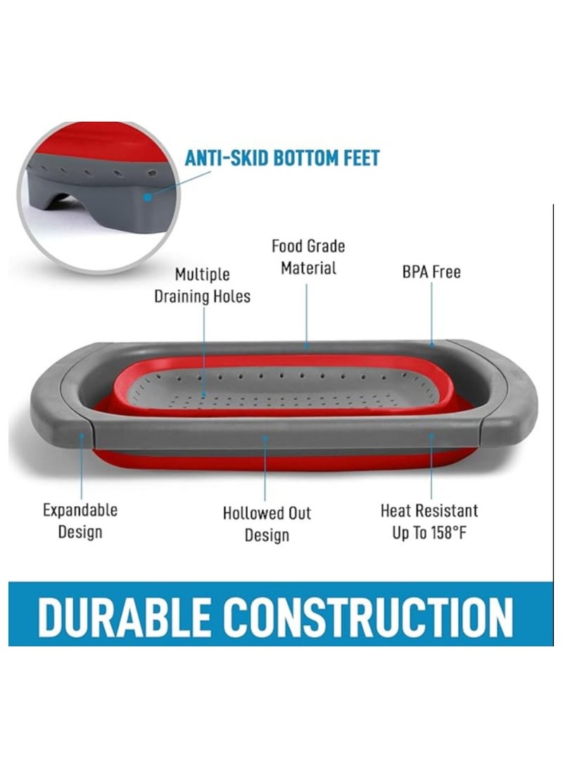 مصفاة سيليكون قابلة للطي مع يد للحوض، صفاية للخضروات والمعكرونة واللحوم والفواكه، تصميم عملي ومتين قابل للامتداد، سهلة الاستخدام وامنة علي البيئة - مصفى طعام بلاستيكية  للمطبخ، قابلة للطي، للخضروات والفواكه - مصفاه ومجفف - سلة مصفاة طعام بمقابض قابلة للتوسيع فوق الحوض للمطبخ والفواكه والخضروات لتصفية الطعام ورف تجفيف الاواني ( اللوان متنوعة ) - Image 3