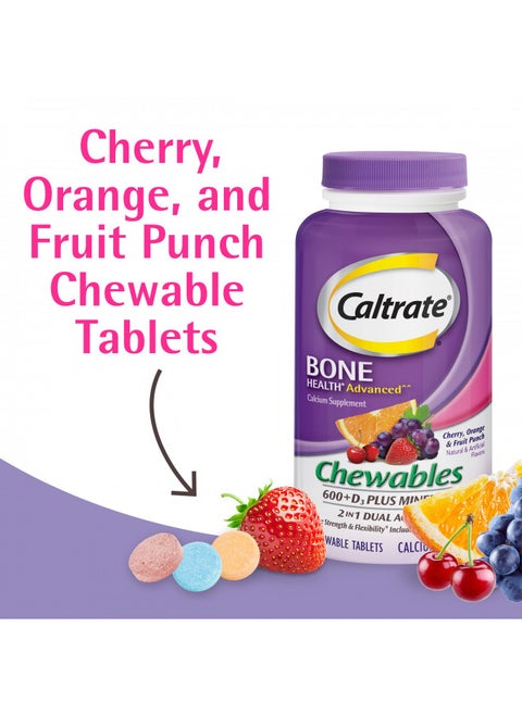 Caltrate Chewables 600 Plus D3 Plus Minerals Calcium Vitamin D Supplement, Cherry, Orange and Fruit Punch   60 Count