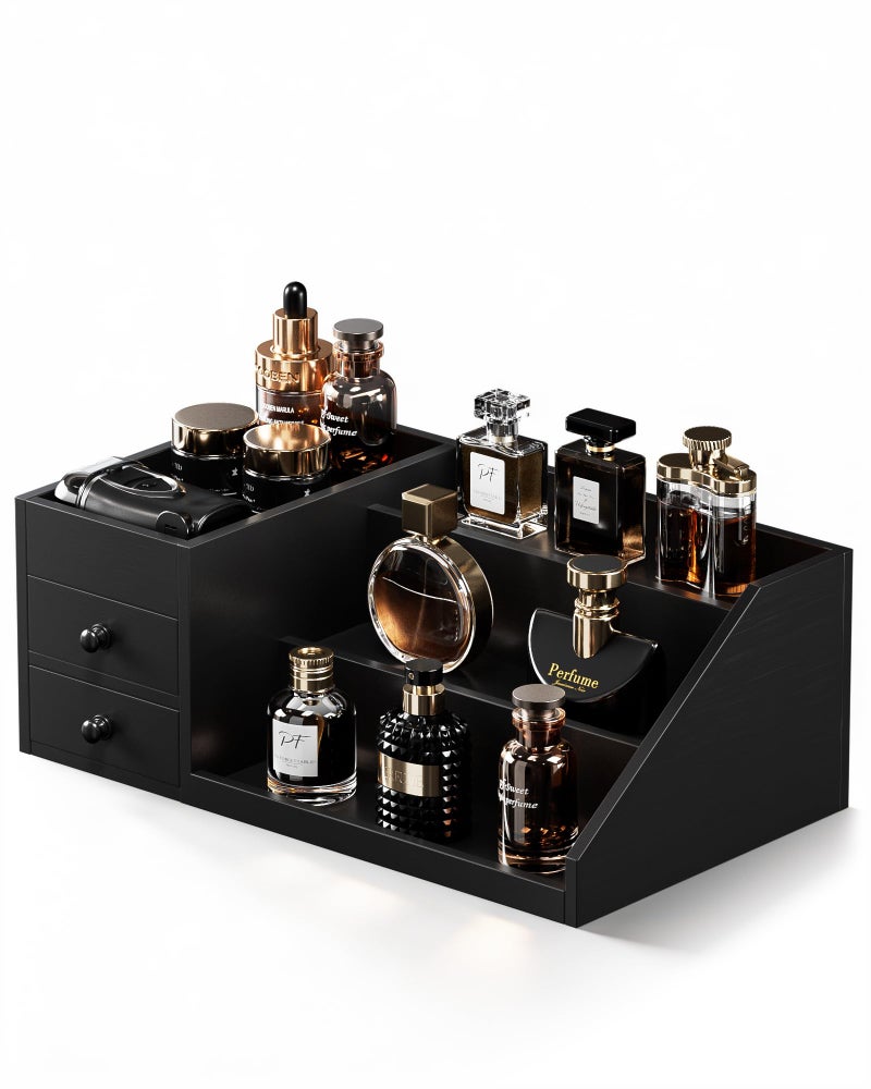ProCase Wooden Cologne Organizer for Men, 3-Tier Elevated Wood Perfume Storage Display Shelf with Drawers, Dresser Storage Stand Riser for Fragrance Skin Care, Valentine Gift for Boys Men Dad Husband -Black - Image 1