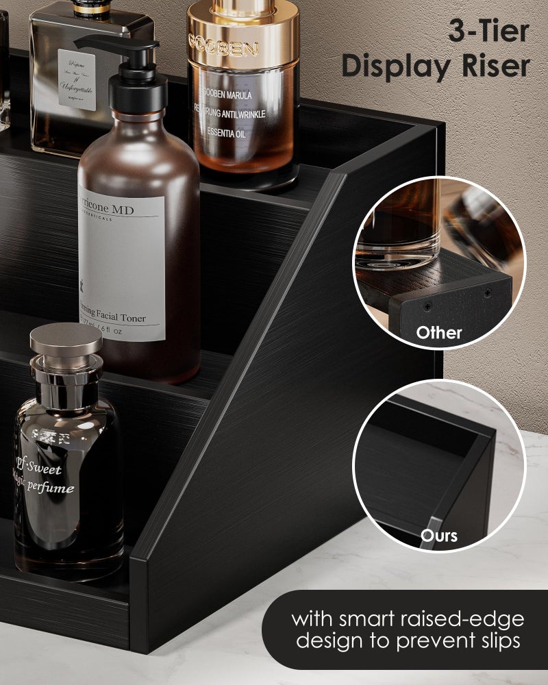 ProCase Wooden Cologne Organizer for Men, 3-Tier Elevated Wood Perfume Storage Display Shelf with Drawers, Dresser Storage Stand Riser for Fragrance Skin Care, Valentine Gift for Boys Men Dad Husband -Black - Image 3