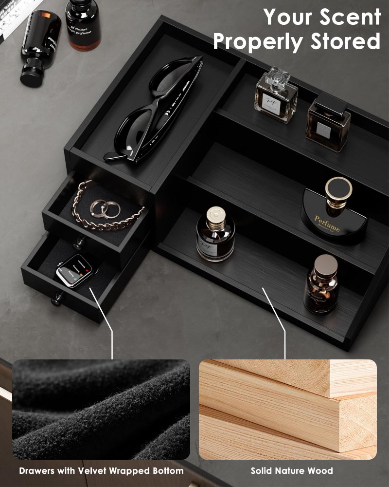 ProCase Wooden Cologne Organizer for Men, 3-Tier Elevated Wood Perfume Storage Display Shelf with Drawers, Dresser Storage Stand Riser for Fragrance Skin Care, Valentine Gift for Boys Men Dad Husband -Black - Image 5