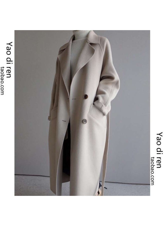 معطف صوفي، تصميم طويل للنساء، عصري وفضفاض، يصل إلى الركبتين، مع خصر وحبل سحب، معطف صوفي للنساء - Image 1