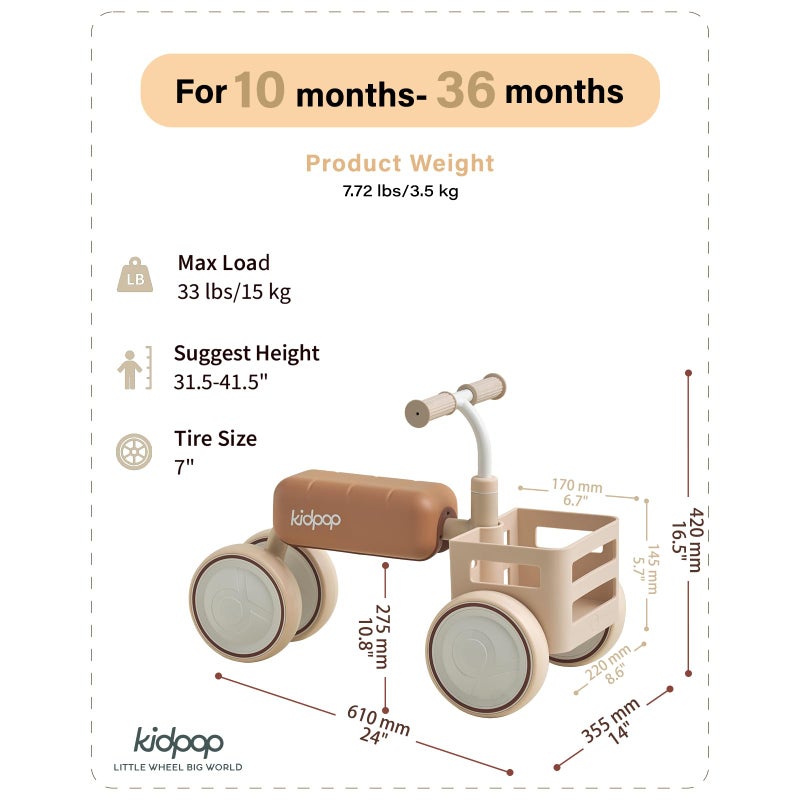 Kidpop Toast Baby Walker Convertible Push Rider with Detachable Seat, Anti-Tip Tri-Frame & Food-Grade Basket for 10-36 Months (Beige) - Image 2