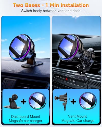 WEKEFON 2026 Upgraded TEC & Fan Cooling Magnetic Wireless Car Charger, For 15W Magsafe Car Mount Charger, Air Vent Dashboard Fast Charging Car Phone Holder for iPhone 17/16/15/14/13/12, Samsung ＆ Pixel - Image 3