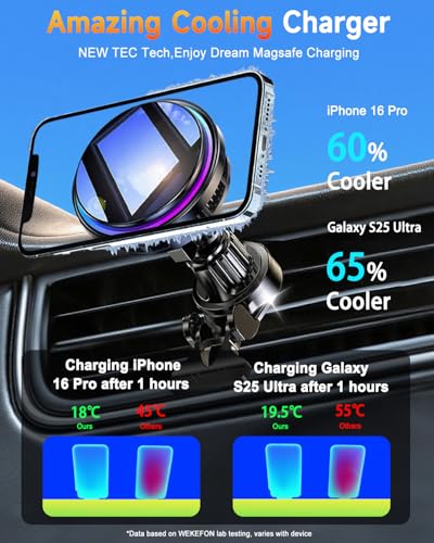 WEKEFON 2026 Upgraded TEC & Fan Cooling Magnetic Wireless Car Charger, For 15W Magsafe Car Mount Charger, Air Vent Dashboard Fast Charging Car Phone Holder for iPhone 17/16/15/14/13/12, Samsung ＆ Pixel - Image 4
