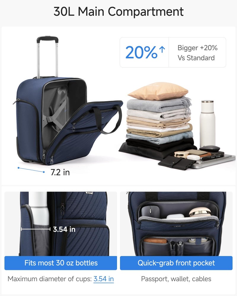 LUGGEX Underseat Carry On Luggage with Wheels, UDK-Plus Large-Capacity Lightweight Soft Sided Personal Item Suitcase for Short Trips (UX-Plus, Blue Black, 16 Inch) - Image 3
