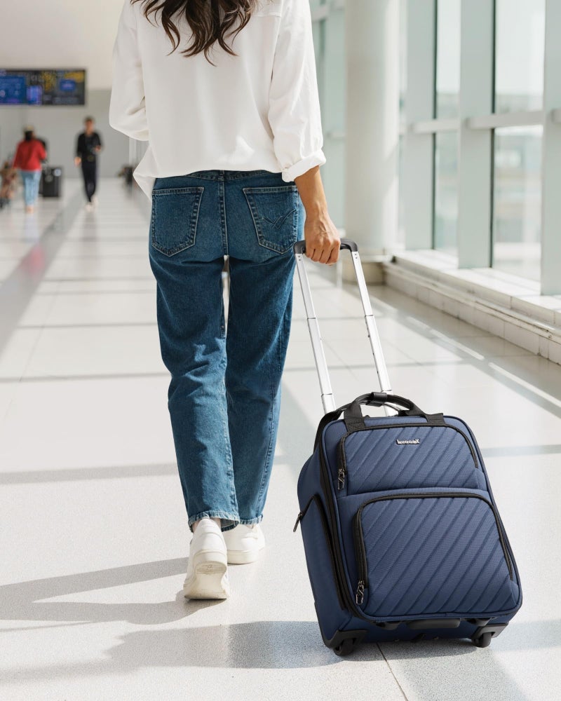 LUGGEX Underseat Carry On Luggage with Wheels, UDK-Plus Large-Capacity Lightweight Soft Sided Personal Item Suitcase for Short Trips (UX-Plus, Blue Black, 16 Inch) - Image 2