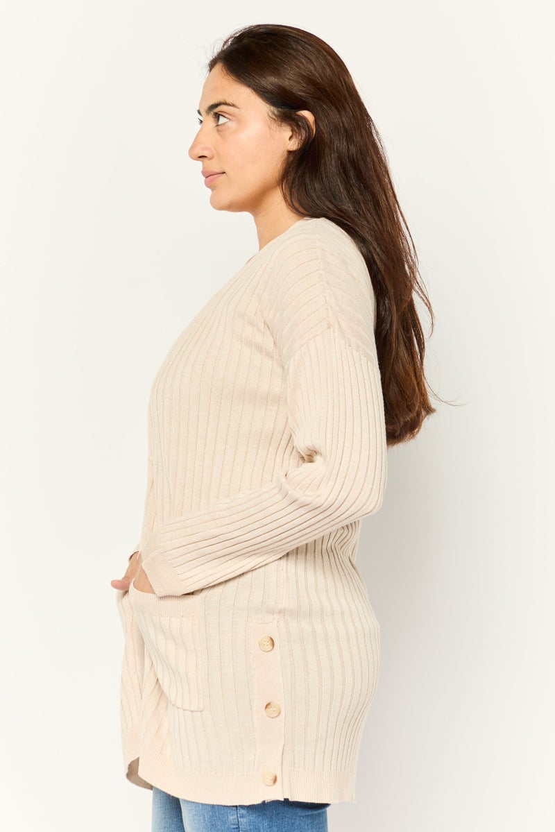 Pink Rose Women Split Neck Ribbed Cardigan, Cream  - Image 3