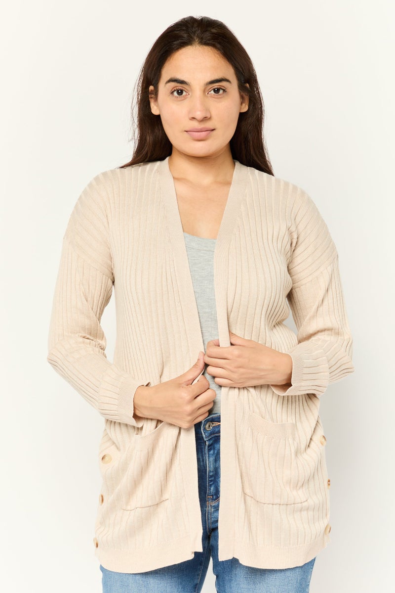Pink Rose Women Split Neck Ribbed Cardigan, Cream  - Image 1