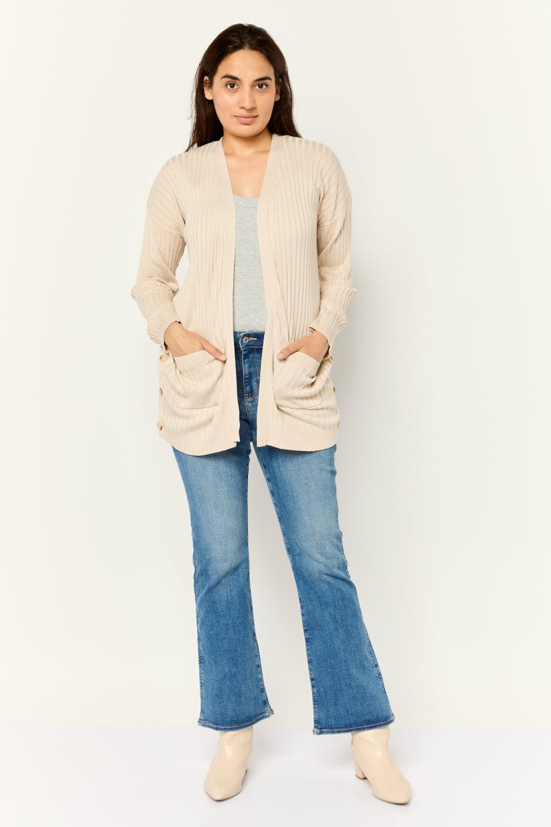 Pink Rose Women Split Neck Ribbed Cardigan, Cream  - Image 2
