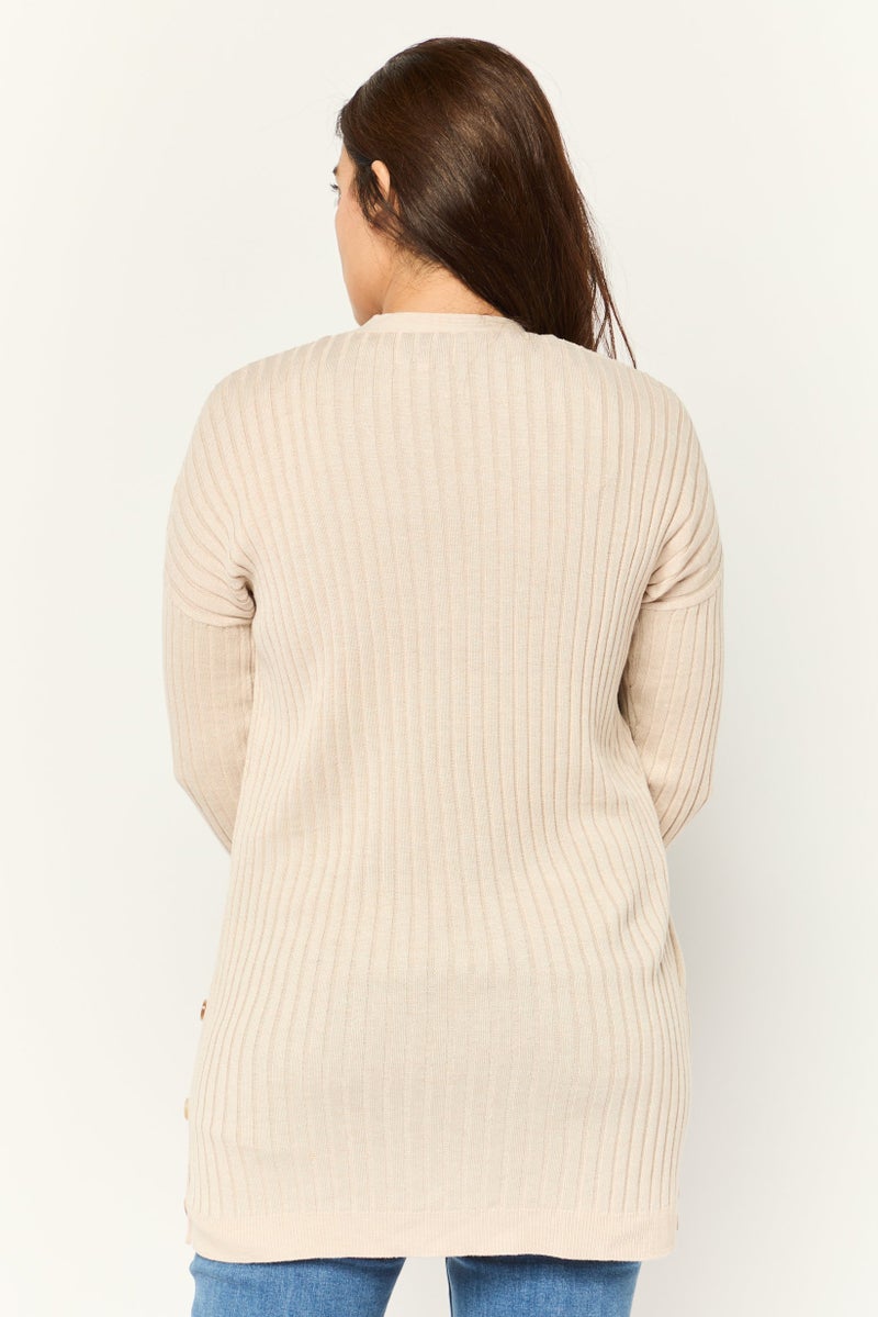 Pink Rose Women Split Neck Ribbed Cardigan, Cream  - Image 4