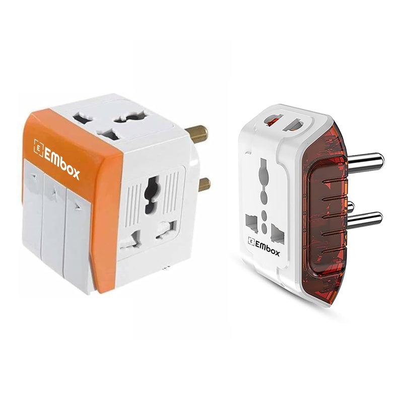 EMBOX مقبس متعدد 3 دبابيس ومقبس 2 دبابيس و3 دبابيس مع مفتاح فردي وغطاء أمان ومؤشر LED - مجموعة محول متعددة للمكتب المنزلي والسفر - 5A-250V (عبوة من 2) - Image 1