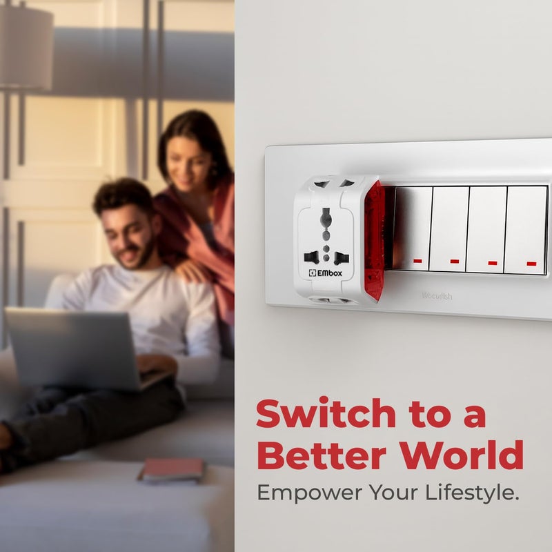 EMBOX مقبس متعدد 3 دبابيس ومقبس 2 دبابيس و3 دبابيس مع مفتاح فردي وغطاء أمان ومؤشر LED - مجموعة محول متعددة للمكتب المنزلي والسفر - 5A-250V (عبوة من 2) - Image 5