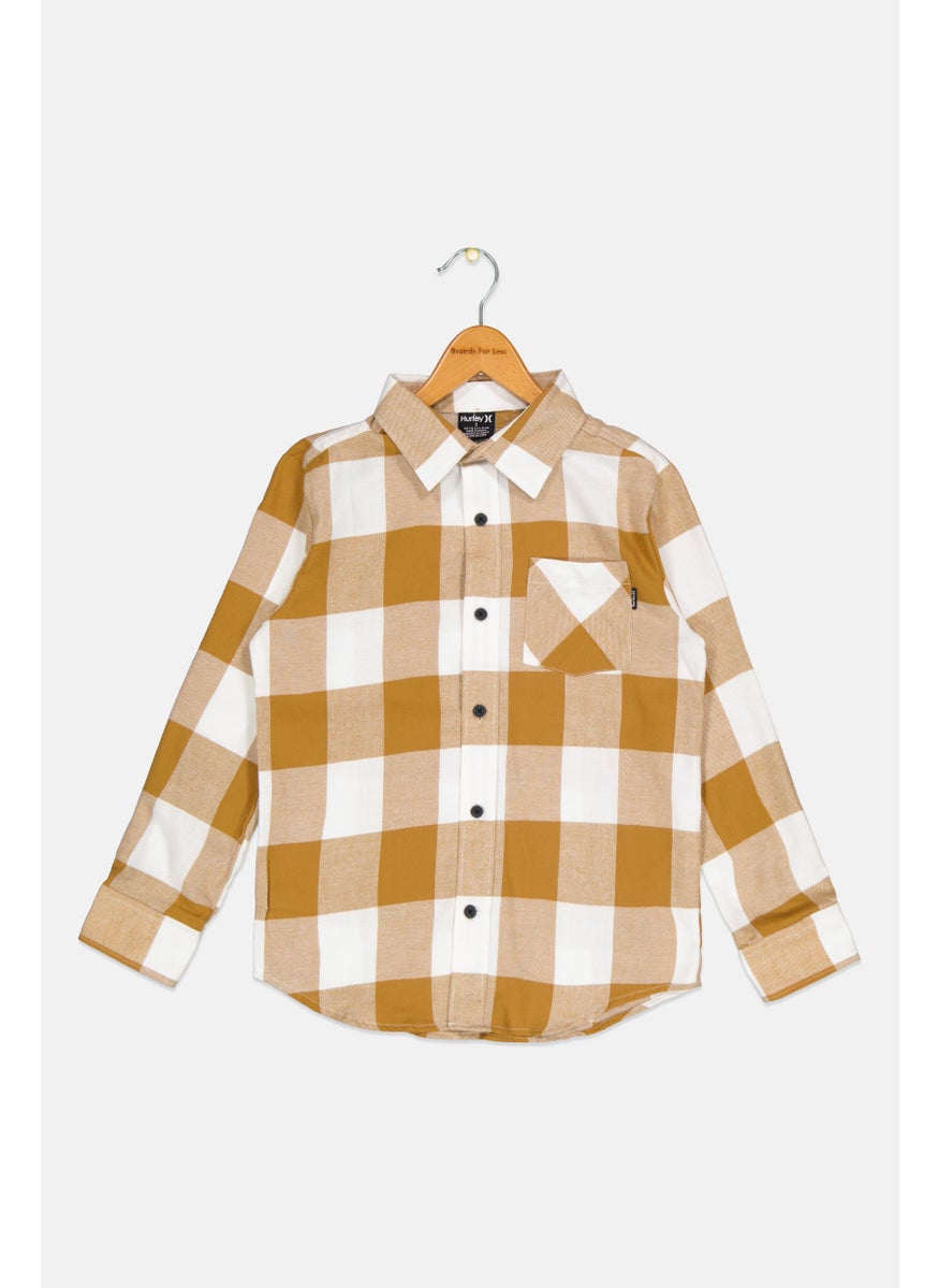 Hurley - Kids Boy Checkered Long Sleeve Casual Shirt, Brown/White - Image 1