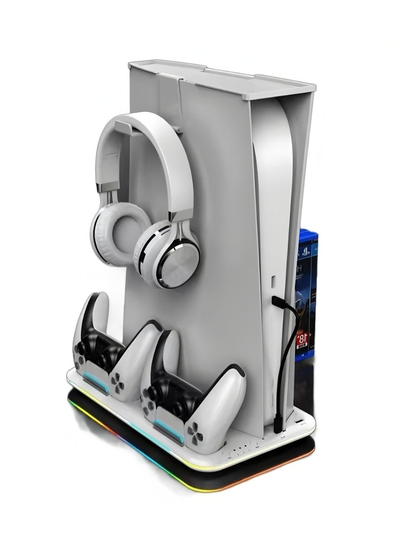 PS5 Stand and Cooling Station with Dual Controller Charging Station for PlayStation 5 Console, PS5 Accessories Incl. Controller Charger, Cooling fan, Headset holder (Fit 2023 PS5 -Fat-normal Versions) white - Image 1