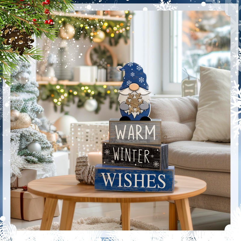 Lineshading 4 Pcs Christmas Table Decorations Wooden Gnome Decor Winter Tiered Tray Decor Christmas Centerpiece Rustic Decorative Gnome Snowflake Block Sign Gift Farmhouse Xmas Signs For Home Kitchen - Image 4