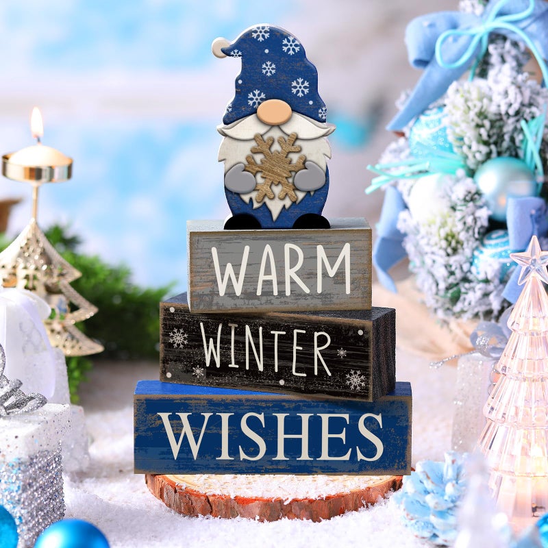 Lineshading 4 Pcs Christmas Table Decorations Wooden Gnome Decor Winter Tiered Tray Decor Christmas Centerpiece Rustic Decorative Gnome Snowflake Block Sign Gift Farmhouse Xmas Signs For Home Kitchen - Image 2