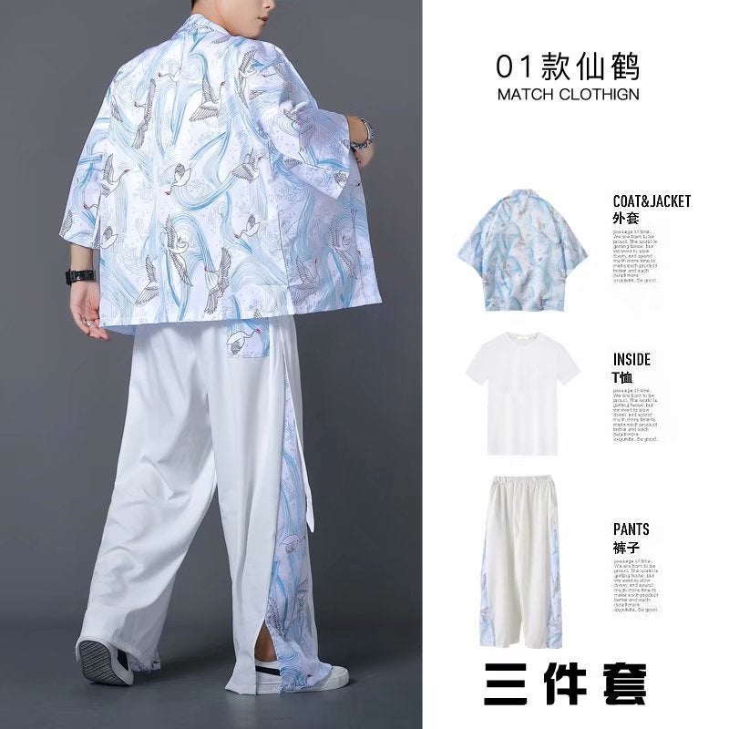 Hanfu Three-Piece Set Summer Chinese Style Robe for Men and Women Couples Fairy Style Loose Straight-Leg Wide-Leg Pants Set Class Clothes 01 Crane White 3 Pieces Set 