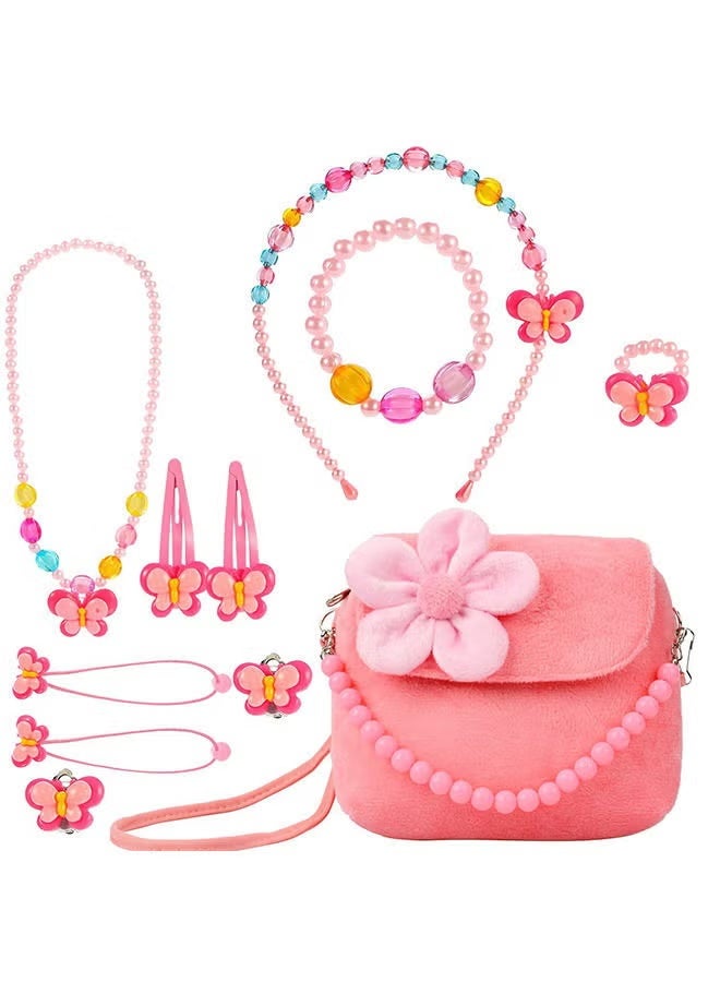Kids Jewelry Little Girls Plush Handbag Necklace Bracelet Ring Hair Clips Set Game of Children, Baby Girls Games Jewelry Party Favors Gift for Dress up Pretend Play - Image 1