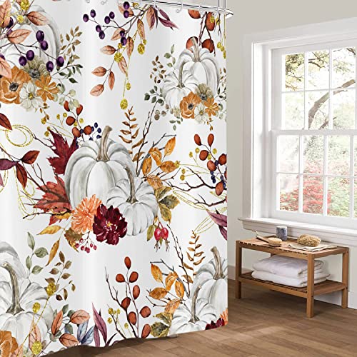 GCIREC Autumn Pumpkin Shower Curtain, Fall Thanksgiving Harvest Watercolor Floral Pumpkin Boho Bathroom Curtain Home Bathtub Decor Waterproof Fabric Machine Washable with 12 Hooks,72"X72" - Image 2