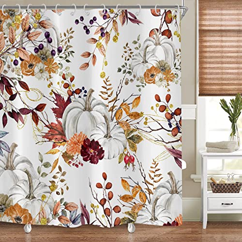 GCIREC Autumn Pumpkin Shower Curtain, Fall Thanksgiving Harvest Watercolor Floral Pumpkin Boho Bathroom Curtain Home Bathtub Decor Waterproof Fabric Machine Washable with 12 Hooks,72"X72" - Image 1