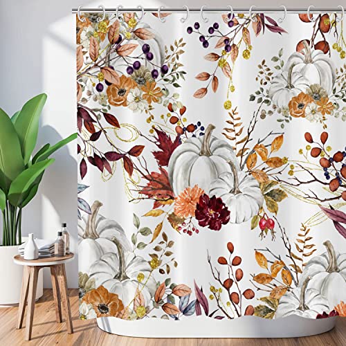 GCIREC Autumn Pumpkin Shower Curtain, Fall Thanksgiving Harvest Watercolor Floral Pumpkin Boho Bathroom Curtain Home Bathtub Decor Waterproof Fabric Machine Washable with 12 Hooks,72"X72" - Image 3