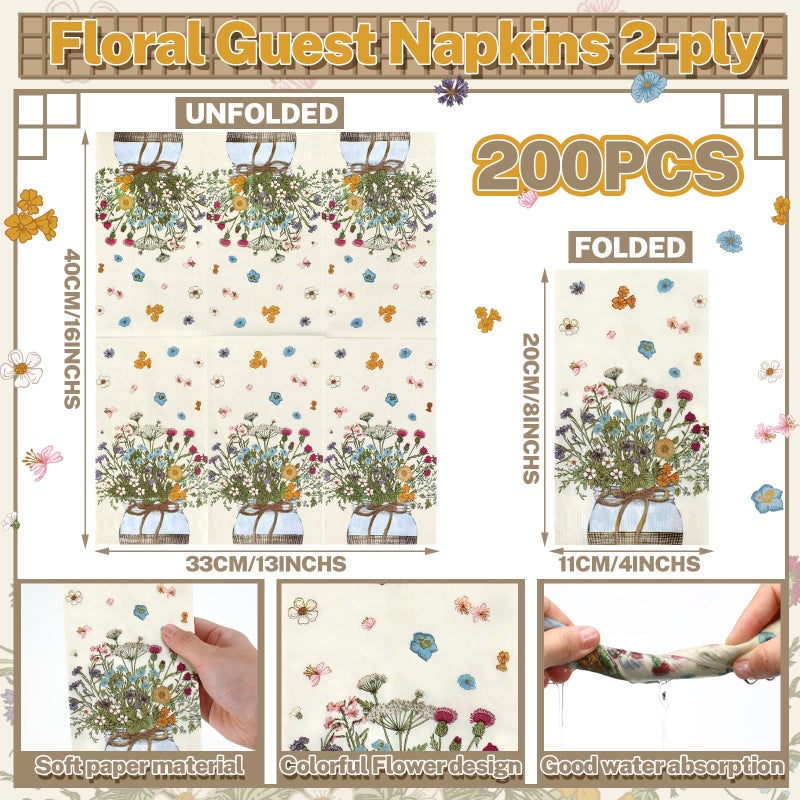 Seajan مناديل ضيوف ورقية مزهرة من سيجان 200 قطعة للاستخدام مرة واحدة مناشف يد للحمام مناديل ضيوف ورقية لحفلات الزفاف في الربيع والصيف وحفلات عيد الميلاد والعشاء - Image 2