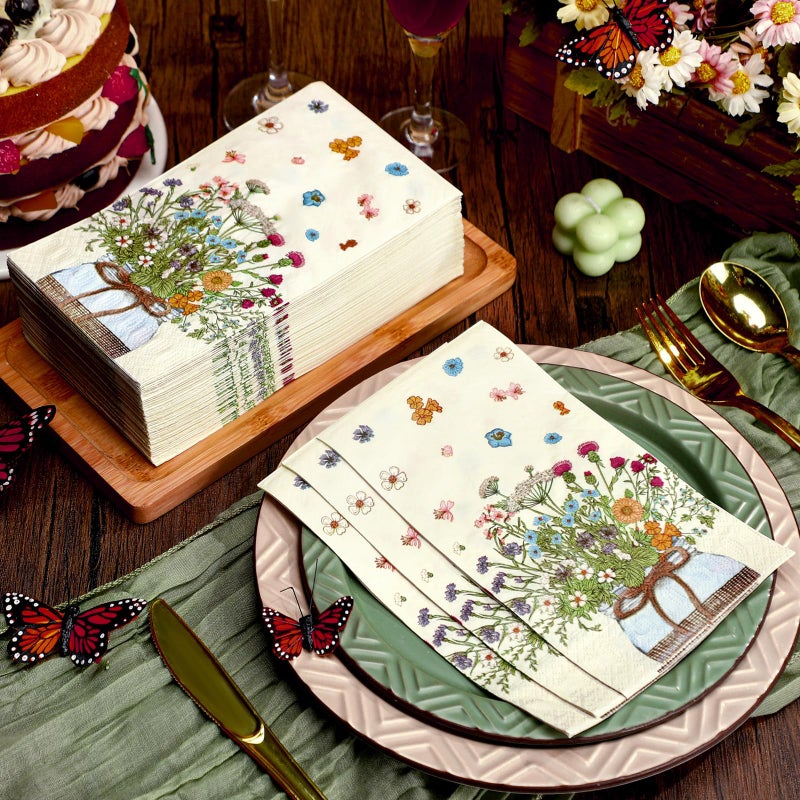 Seajan مناديل ضيوف ورقية مزهرة من سيجان 200 قطعة للاستخدام مرة واحدة مناشف يد للحمام مناديل ضيوف ورقية لحفلات الزفاف في الربيع والصيف وحفلات عيد الميلاد والعشاء - Image 1