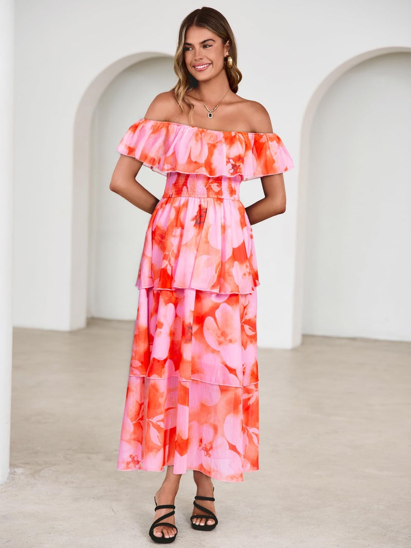 Simplee Womens Floral Wedding Guest Dress Spring Summer 2026 Chiffon Boho Off Shoulder Smocked Tiered Flowy Maxi Dresses(Orange Pink M) - Image 2