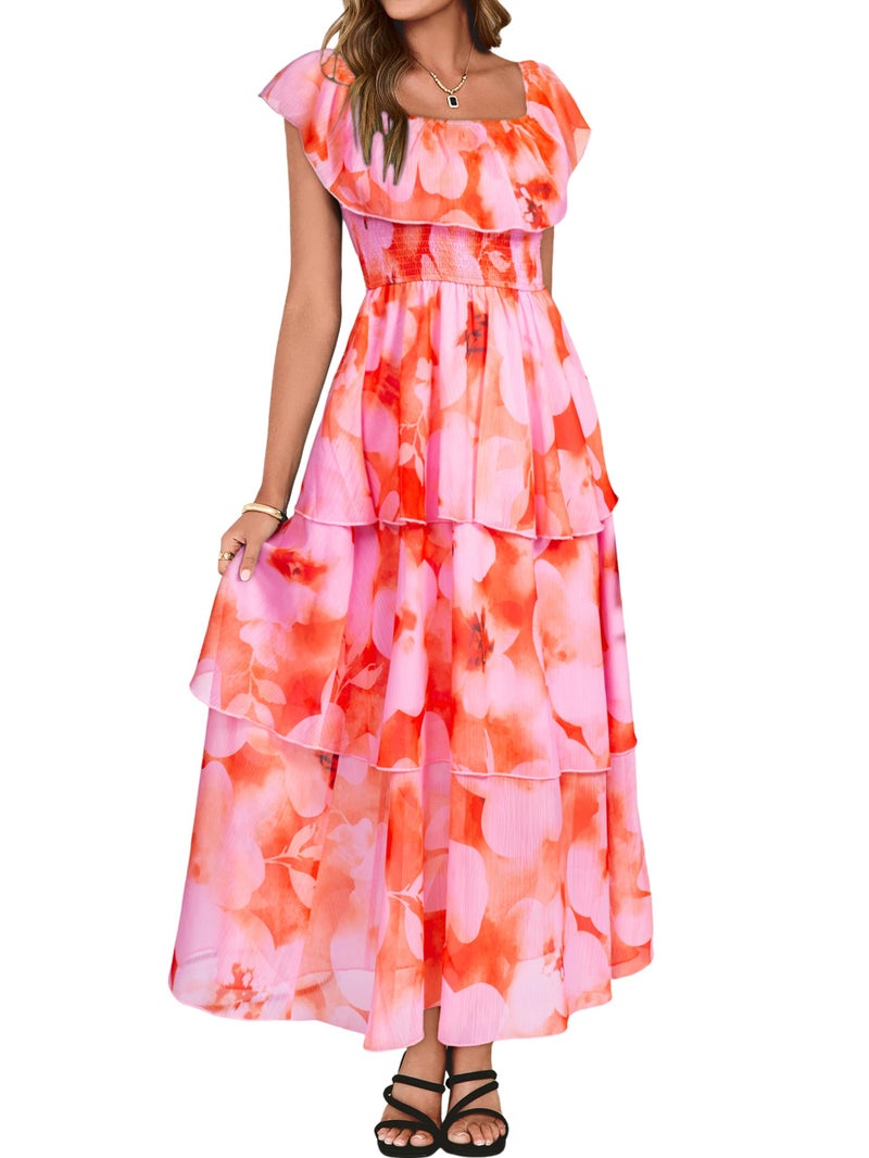 Simplee Womens Floral Wedding Guest Dress Spring Summer 2026 Chiffon Boho Off Shoulder Smocked Tiered Flowy Maxi Dresses(Orange Pink M) - Image 1