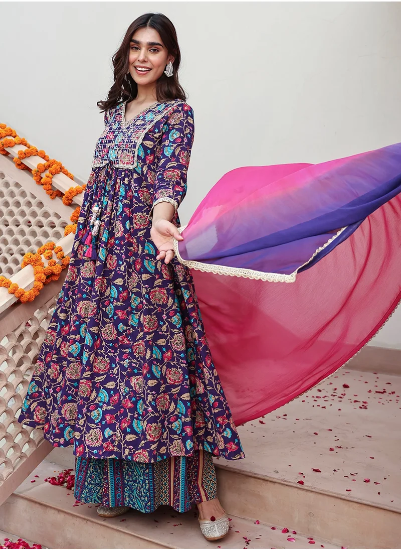 كولابا Purple Cotton Embellished Printed Kurti 3Pc Set